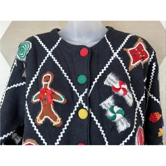 Vintage 1995 MARISA Christina CHRISTMAS Sweater S Black CANDY Holiday - Picture 2 of 8
